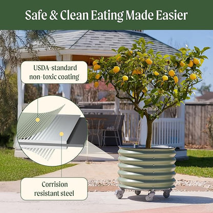 Rolling Metal Citrus Tree Planter, Self-Watering Round Large Pot for Growing Trees Tomatoes Vegetables and Flowers, Raised Garden Bed with Wheels for Porch Patio & Backyard, Single Pack-Pearl White