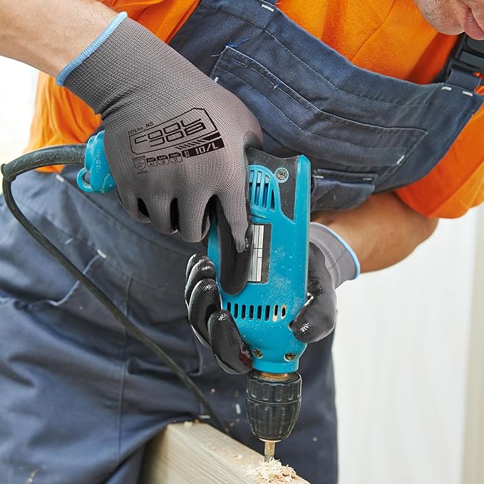 COOLJOB 10 Pairs Nitrile Dipped Safety Work Gloves with Grip, Non-slip Rubber Coated Bulk Garden Gloves for Men, Heavy-duty Oil Resistant for Truck Driver, Warehouse Box Handler, Large, Gray