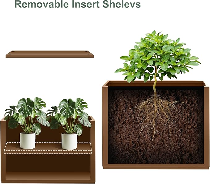 Metal Rectangular Planter Box for Outdoor Plants, Flowers, Tall & Long Planters with Drainage Holes, All-Weather Use (35" L x 9" W x 26" H, Brown)
