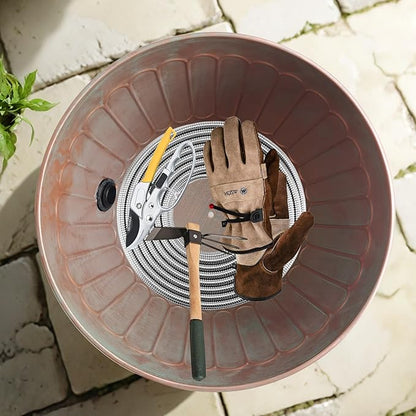 BSTGIFTS Garden Water Hose Holder - Decorative Metal Pot, Metal Hose Storage Pot, Garden Storage Organizer, Patio Portable Bucket - Antique Copper Accents, Holds up to 100ft Hoses (Embossed)