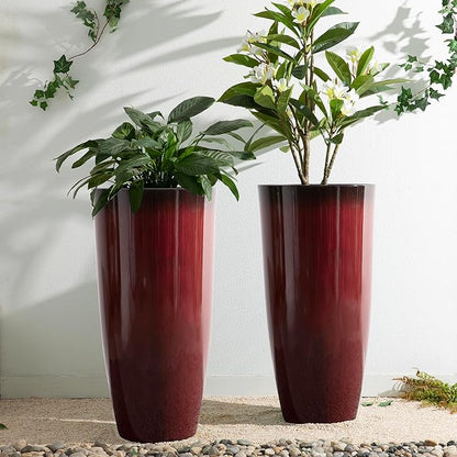 Glitzhome 30" H Oversized Tall Planter, Set of 2 Large Outdoor Planters with Drainage Holes, Gradient Red Faux Ceramic Finish, Large Flower Pots Plastic Plant Pots for Indoor Outdoor Front Door Patio