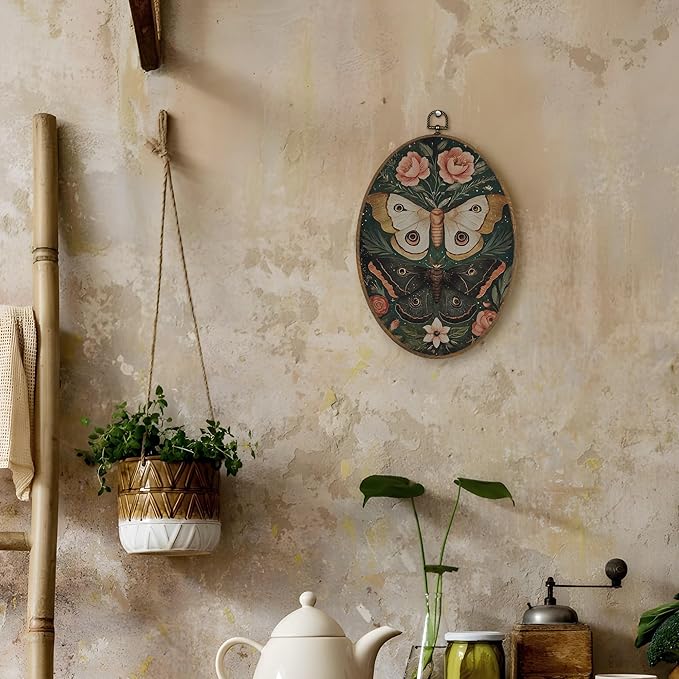 LKETW Vintage Floral Butterfly Oval Wall Art Decor, Gothic Dark Academia Butterfly Oval Canvas Hanging Decor, Cottagecore Moth Botanical Wall Decorations for Home Bedroom Living Room, 8.6x11.4 Inch
