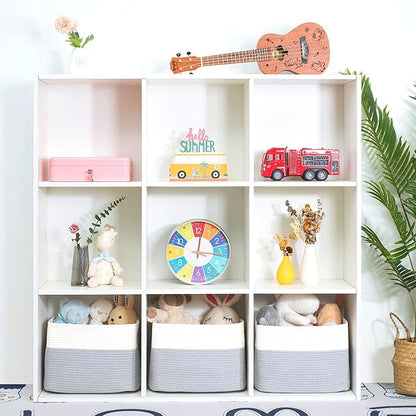 MINTWOOD Design 3-Pack Storage Baskets for Shelves, Playroom and Classroom, Book Basket, Decorative Storage Cube Bins, Woven Closet Organizers, Pantry and Shoe Organizer, Grey