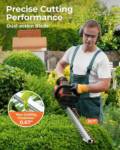 20'' Hedge Trimmer Cordless with 2pcs 4000mAh Battery, Electric Handheld Bush Clipper with Rechargeable Batteries, 3000RPM 180° Rotatable Head, 2/3'' Blade Gap Orange