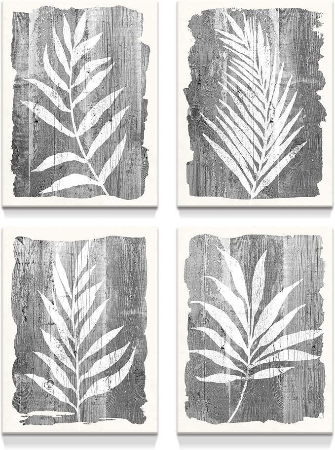 artopia Black and White Botanical Pictures: Grey Leaf Canvas Wall Art, Minimalist Plant Painting for Bathroom, 16"x12" Decor
