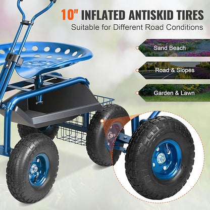 VEVOR Rolling Garden Work Seat with Wheels, Gardening Stool for Planting, 360 Degree Swivel Seat, Garden Scooter with Steering Handle & Tool Tray, Garden Chair for Outdoor, Patio and Yard, Blue