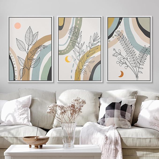 Ashbrook Framed Wall Art Print Set 1960s Retro Floral Forest Plant Silhouettes Abstract Nature Illustrations Modern Art Boho Colorful for Living Room, Bedroom, Office - 16"x24"x3 WHITE
