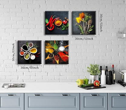 Kitchen Wall Decor Colorful Spices Seasoning Spoon Canvas Wall Art Vintage Painting Picture for Modern Home Dining Room Contemporary Artwork Decoration Stretched and Framed Ready to Hang 12"X12"X4