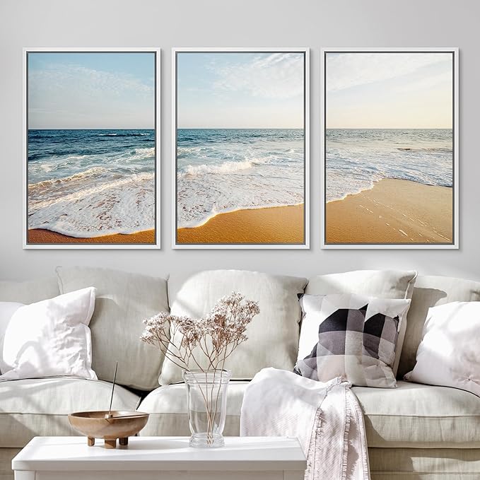 Ashbrook Framed Canvas Print Wall Art Set Tropical Island Coastal Cottage Beach Shore Seascape Nature Wilderness Photography Decorative Nautical Calm/Relax/Cozy for Bedroom - 16"x24"x3 WHITE