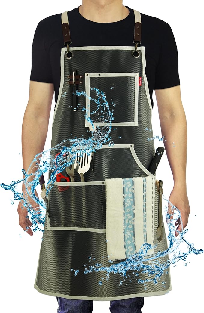 Waterproof Work Apron for Chefs, Hair Stylists, Artists, Gardeners, Adjustable, Multi-Pockets, TPU Mesh Fabric, Plus Size