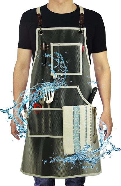 Waterproof Work Apron for Chefs, Hair Stylists, Artists, Gardeners, Adjustable, Multi-Pockets, TPU Mesh Fabric, Plus Size