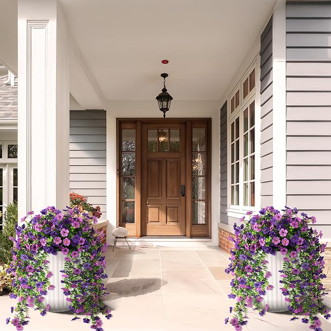 Fake Artificial Hanging Flowers for Outdoors, 2 Pcs Fake Hanging Plant Spring Summer Decor, UV Resistant No Fade Faux Silk Daisy Flower for Front Door Porch Planter Patio Yard Garden(Double Purple)
