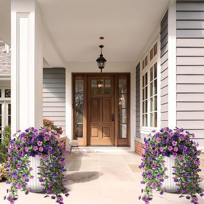 Fake Artificial Hanging Flowers for Outdoors, 2 Pcs Fake Hanging Plant Spring Summer Decor, UV Resistant No Fade Faux Silk Daisy Flower for Front Door Porch Planter Patio Yard Garden(Double Purple)
