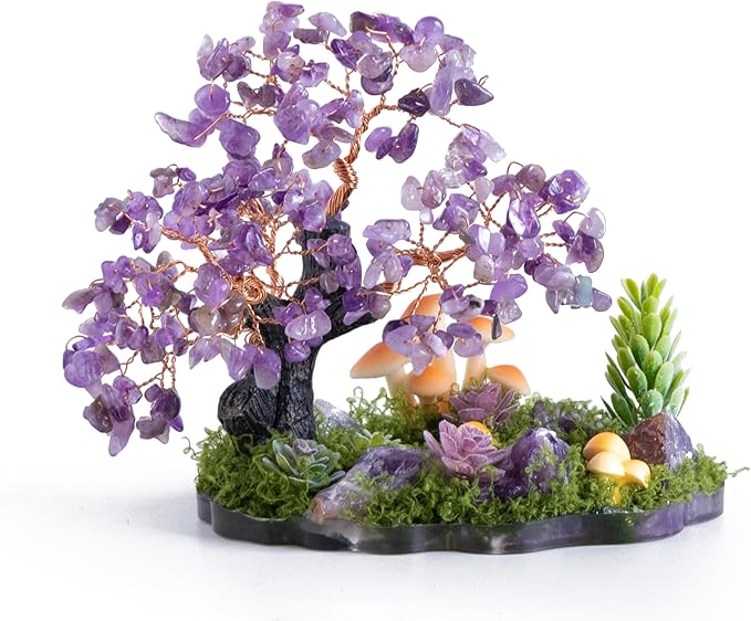 Crystal Tree of Life, Amethyst Healing Crystal Trees for Office, Home Decor, Livingroom and Wall Decor, Handmade Bonsai Trees for Positive Energy, Good Luck Birthday Gifts for Women, Mom