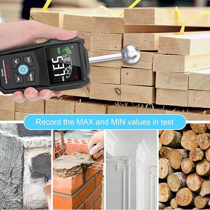 MESTEK Pinless Moisture Meter for Wood, Walls & Drywall, Digital Moisture Detector, Concrete Moisture Meter & Firewood Reader, Detects up to 40mm Below Surface with 3-Color LCD Display, Audible Alarm