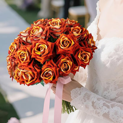 Fake Roses Faux Flowers Silk Roses Artificial Roses with Stems Realistic Artificial Flowers 16.5In Suitable for Indoor Home Decoration DIY Bouquet Wedding Decor Party Decor 24PCS (Orange)