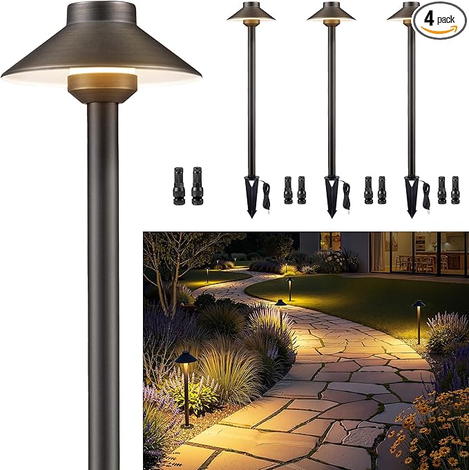 Gardenreet Low Voltage Landscape Lighting Brass - 12v Pathway Lights IP65 Waterproof, Hard Wired Path Light Outdoor, Mushroom-top Bronze for Exterior Area Patio House G4 Bulb Not Included (4 Pack)