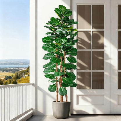 Artificial Fiddle Leaf Fig Tree 6FT, Faux Fig Tree Indoor with Natural Wood Trunk & Realistic Leaves with Moss Pot Fake Ficus Tree Large Faux Floor Plant for Living Room Home Decor, House Plant