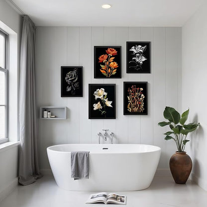 Bathroom Wall Art Decor Canvas Art Wall Decor Framed Flower Wall Art Decor Artwork for Walls Pictures for Bathroom Bedroom 12x16 Inchs Blooming in Dark Flowers Wall Decorations Hallway Over Bed Decor