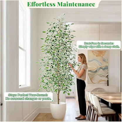 8FT Artificial Ficus Trees Indoor Faux Trees Indoor Fake Floor Plants Tall Artificial Tree with White Pot Faux Tree Fake Indoor Tree Silk Plants Artificial Trees for Home Decor Indoor