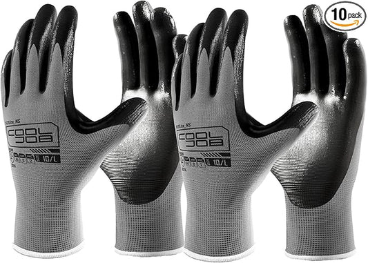 COOLJOB 10 Pairs Nitrile Dipped Safety Work Gloves with Grip, Non-slip Rubber Coated Bulk Garden Gloves for Men, Heavy-duty Oil Resistant for Truck Driver, Warehouse Box Handler, Large, Gray