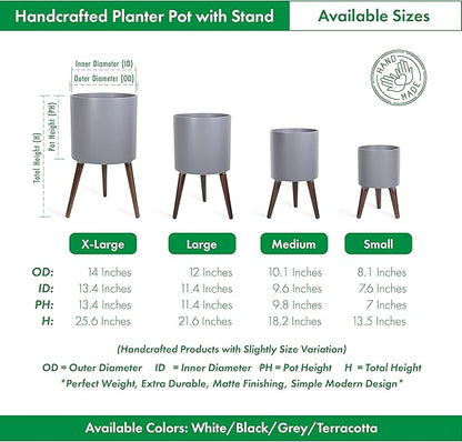 D'vine Dev 12 Inch Planter Pot with Stand, Mid-Century Tall Plant Pot with Legs for Indoor Plants, Large, Grey, 88-O-C-3