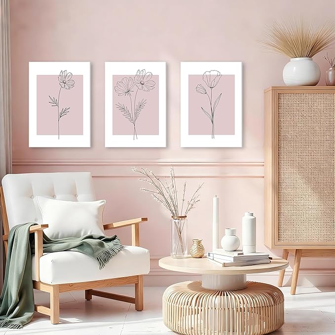WRFON Pink Line Flower Canvas Wall Art, Light Pink Botanical Aesthetic Pictures, Minimalist Black Line Floral Poster Prints, Abstract Plants Wall Decor for Girls' Room Apartment Framed 12"x16"x3