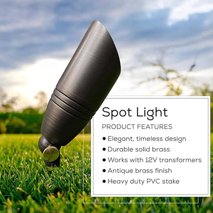 Light to Form® | Luxury Brass Low-Voltage Landscape Staked Spot Light | 12V Input | 2700K CCT | 3W LED with GU5.3 Base | Antique Brass Finish | Convex Glass Lens | Outdoor Graded | Bulb Included