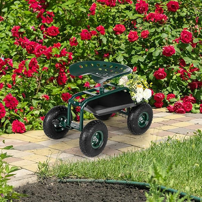 Outvita Garden Cart Gardening Workseat w/Wheels, Rolling Work Seat with Adjustable 360 Degree Swivel Seat, Basket and Tool Tray, Patio Wagon Scooter for Lawn Yard Outdoor Planting（Green）
