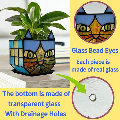 Tiffany Style Stained Glass Cat Flower Pots with Drainage,Funny Blue Cat Planter,Cute Garden Pots,Flower Pots for Indoor Plants,Gifts for Plant Lovers,4.6x3x5.15 in