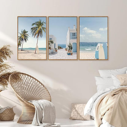 Rantodecor Beach Themed Framed Canvas Wall Art, Palm Tree Surfboard Van Wall Decor, Nordic Blue and White House Art Painting, Modern Relaxing Seascape Artwork for Bedroom Living Room Office 16"x24"x3