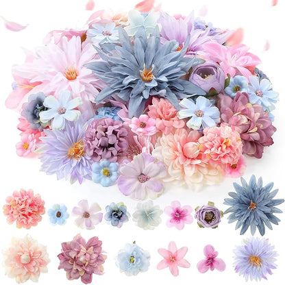 80 Pcs Assorted Fake Flower Heads Mini Artificial Flower Heads Bulk Silk Faux Daisy for Crafts Fake Peony Rose for Wedding Party Wreath Home Decoration(Blue, Purple, Pink)