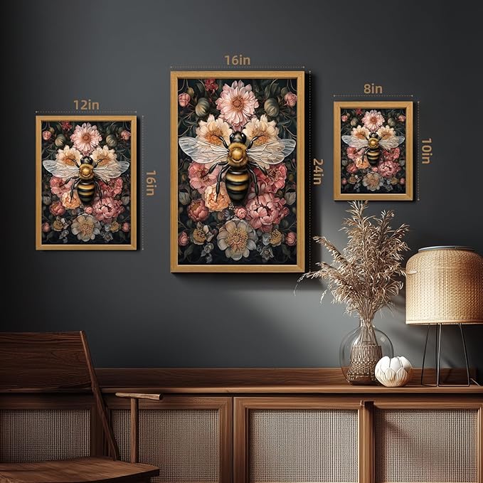 LLEEMPI William Morris Wall Art, Vintage Bee Floral Wall Decor, Insect Flower Canvas Painting, Abstract Nature Botanical Poster Print for Living Room Bedroom Kid Room Hallway Wood Framed 8x10 inch