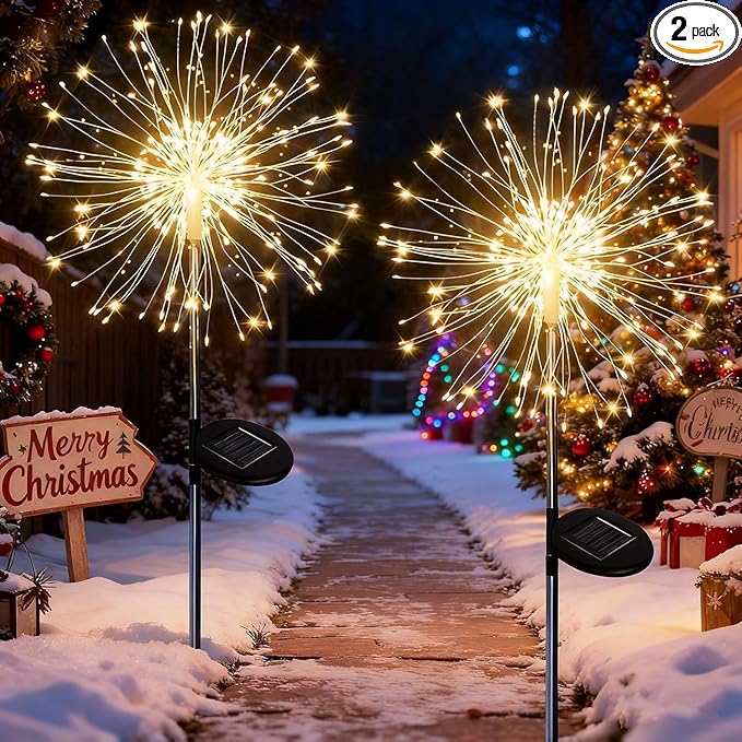 Redefun Solar Fireworks Lights 2 Pack 120 LEDs Solar Garden Outdoor Lights, 8 Modes Tall Sparkler Yard Light Waterproof Dandelion String Light for Outside Patio Pathway Decorations - Warm White
