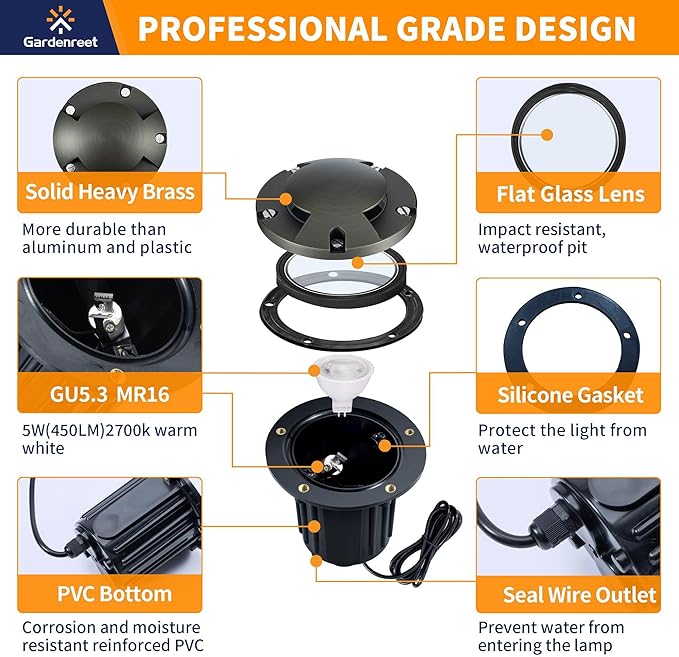 Gardenreet Brass In Ground Landscape Lighting Low Voltage Kit(6 Pack) with MR16 Bulb & 100Feet Wire & Connectors, 12V LED Well Lights IP65 Waterproof for Outdoor Sideway Garden Path(2 Way Turret)