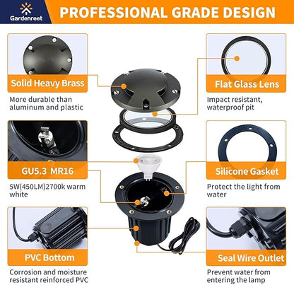 Gardenreet Brass In Ground Landscape Lighting Low Voltage Kit(6 Pack) with MR16 Bulb & 100Feet Wire & Connectors, 12V LED Well Lights IP65 Waterproof for Outdoor Sideway Garden Path(2 Way Turret)