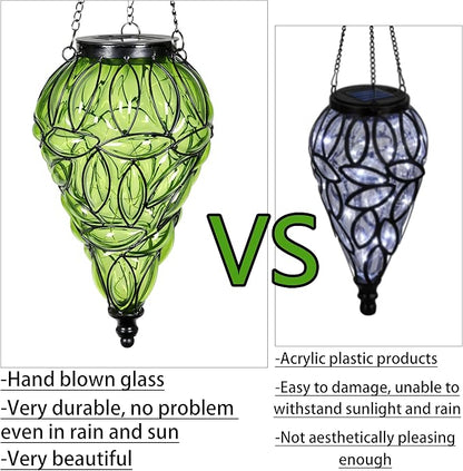 Solar Hanging Lantern Outdoor Garden Lights, Tear-Shaped Glass and Metal Hanging Lantern, 15 Firefly LED Lights, 7 x 24 Inch,(Green)