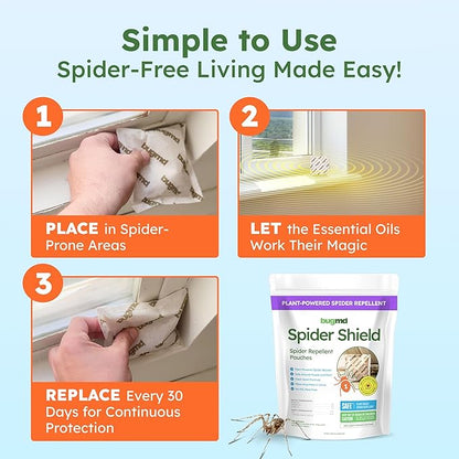BugMD Spider Shield Repellent Pouches | Plant-Based Indoor & Outdoor Spider Repellent | Safe for Pets & Family | Natural Citronella, Rosemary & Lemongrass Oils | Long-Lasting Spider Protection