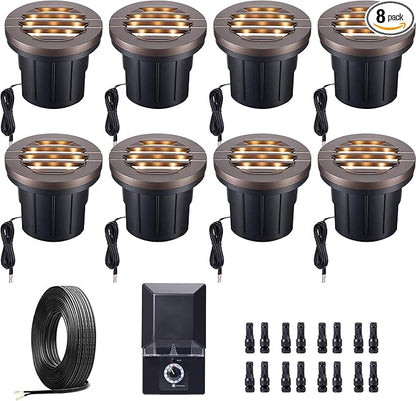 Landscape Well Light Kit, 8 Pack Low Voltage In Ground Lights and 100W Transformer and 100FT Cable and 30 Wire Connectors, IP67 Waterproof Outdoor, Grill Top Aluminum for Path Tree