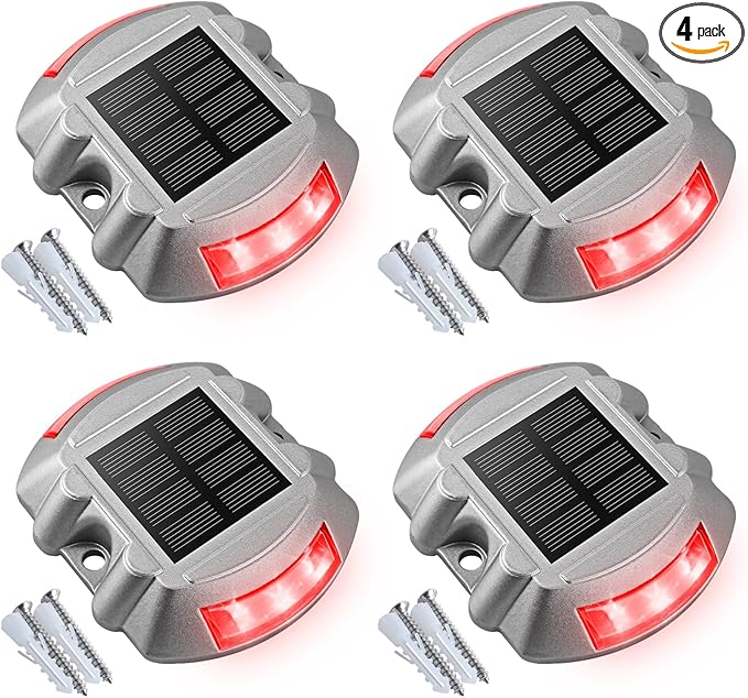 VOLISUN Christmas Solar Deck Lights Driveway Dock Lights, 4-Pack Led IP67 Waterproof Outdoor Warning Step Light for Driveway Sidewalk Garden Pathway Yard(Red)