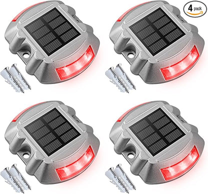 VOLISUN Christmas Solar Deck Lights Driveway Dock Lights, 4-Pack Led IP67 Waterproof Outdoor Warning Step Light for Driveway Sidewalk Garden Pathway Yard(Red)