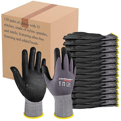 Gasoline Safety Work Gloves Extra Micro-Foam Nitrile Coated-12 Pairs,Endurance Seamless Knit Nylon Spandex,Dots on Palm, Dot Grip Gloves，Work Gloves Men and Women (120, XS)