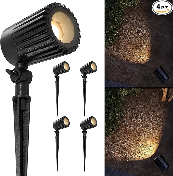 Sunco Low Voltage Landscape Spotlights 12V, 4-Pack – 10.5W LED Outdoor Uplights for Gardens/Trees/Flags/Walkways, Selectable CCT 2700K/4000K/5000K, Adjustable Beam, ETL, Connectors Included