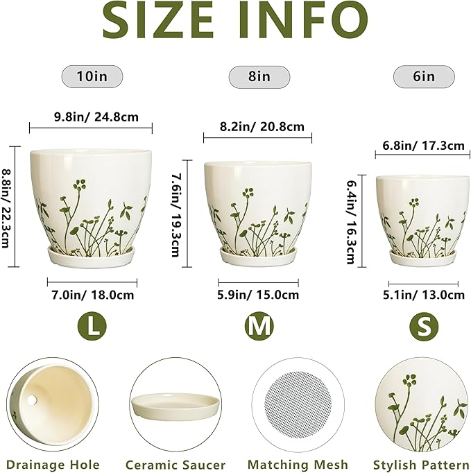 Ceramic Planters for Indoor Plants - 10+8+6 Inch Plant Pots with Drainage Holes and Saucers, Decorative Boho Round Outdoor Planters, Garden Decor, Gardening Gifts for Women Men, Set of 3, White
