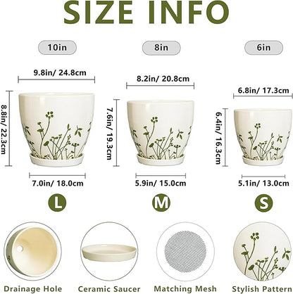 Ceramic Planters for Indoor Plants - 10+8+6 Inch Plant Pots with Drainage Holes and Saucers, Decorative Boho Round Outdoor Planters, Garden Decor, Gardening Gifts for Women Men, Set of 3, White