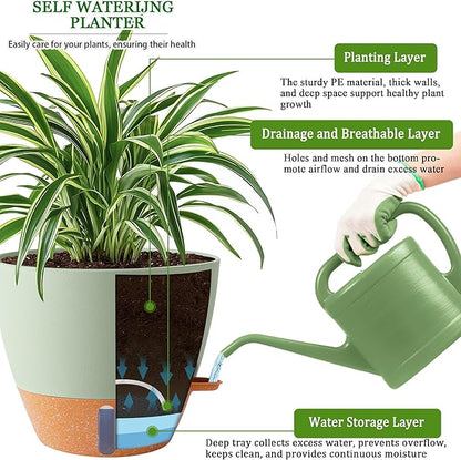 8/10/12 Inch Self Watering Pots for Indoor/Outdoor Plants - Large Plastic Planter with Drainage Holes, Water Level Indicator & Deep Reservoir, Modern Decorative Flower Pots (Green)