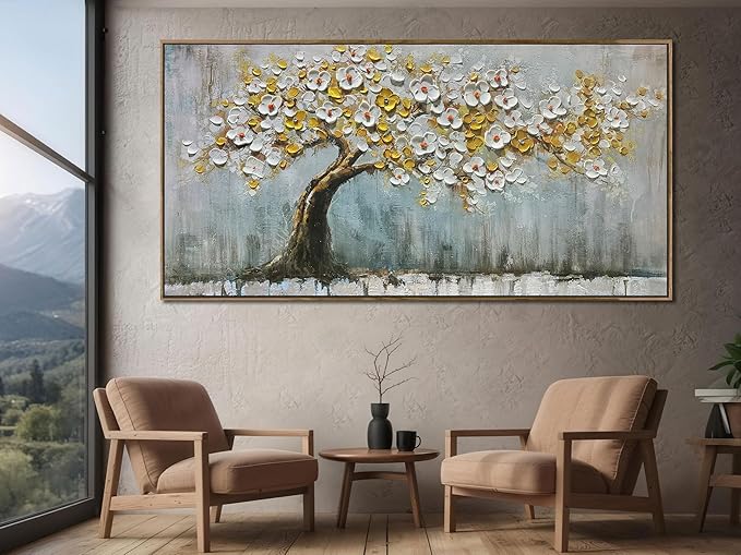 Brushart Gold Tree Wall Art Large Canvas Art Wall Decor for Living Room, Botanical Pictures Paintings Wall Decor Textured Walls for Dining Room Bedroom Home Office, Framed 58"x29"