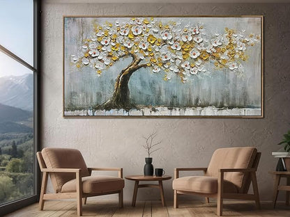Brushart Gold Tree Wall Art Large Canvas Art Wall Decor for Living Room, Botanical Pictures Paintings Wall Decor Textured Walls for Dining Room Bedroom Home Office, Framed 58"x29"