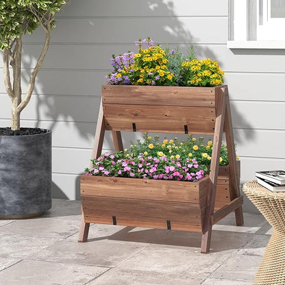 S AFSTAR 21-Inch Vertical Raised Garden Bed, 3 Tiered Wooden Planter Boxes 26" L x 29" W x 29" H, Drainage Holes, Indoor Outdoor Flowerbed, Freestanding Elevated Planter Box for Garden Flower Veggies