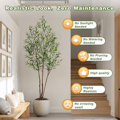 6FT Artificial Olive Tree Artificial Olive Plants, Tall Faux Olive Tree Faux Silk Plant Fake Plant Ultra-Realistic Silk Leaves & Natural Trunk Indoor Outdoor Use